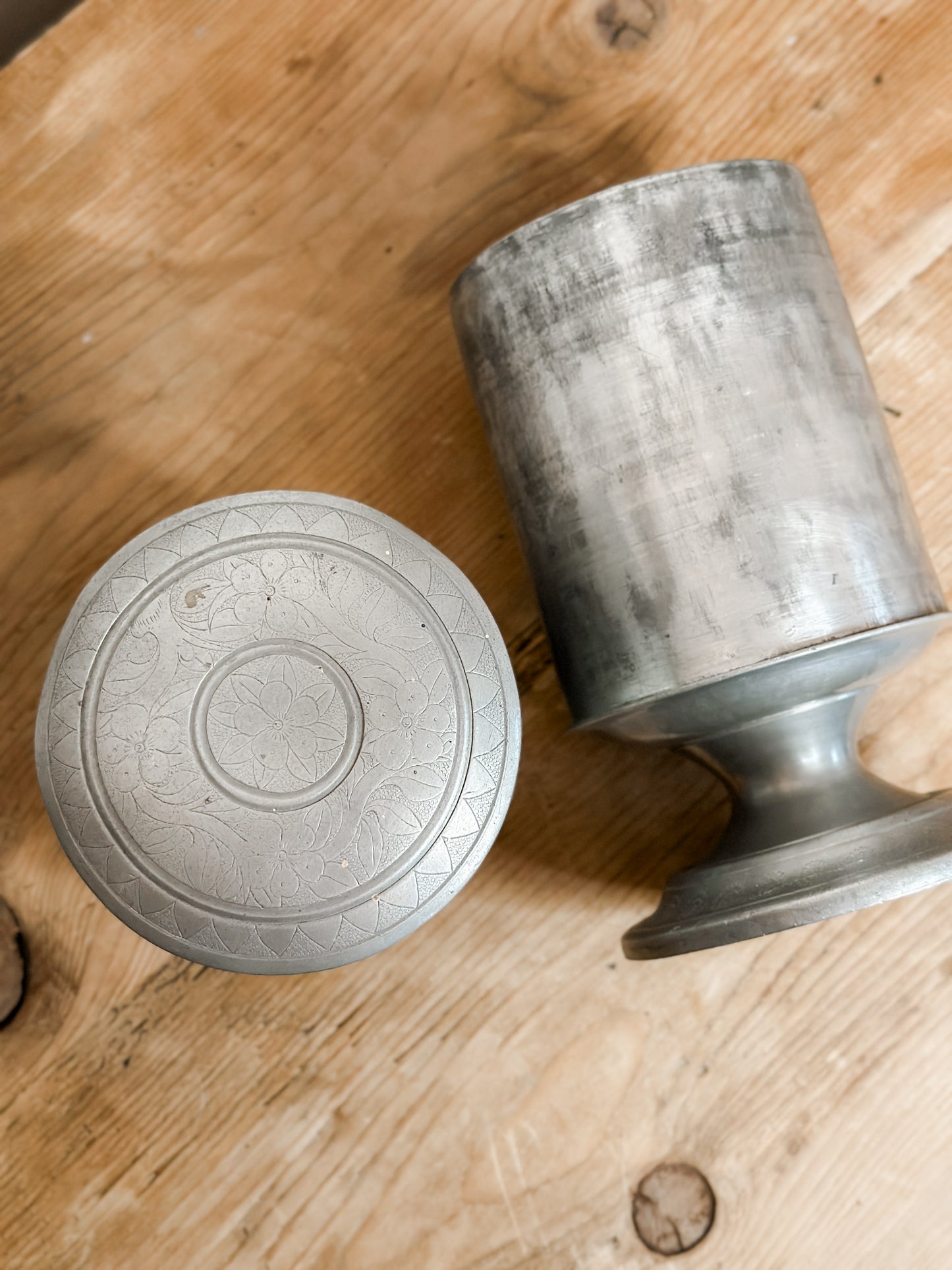 Etched Pewter Storage Jar