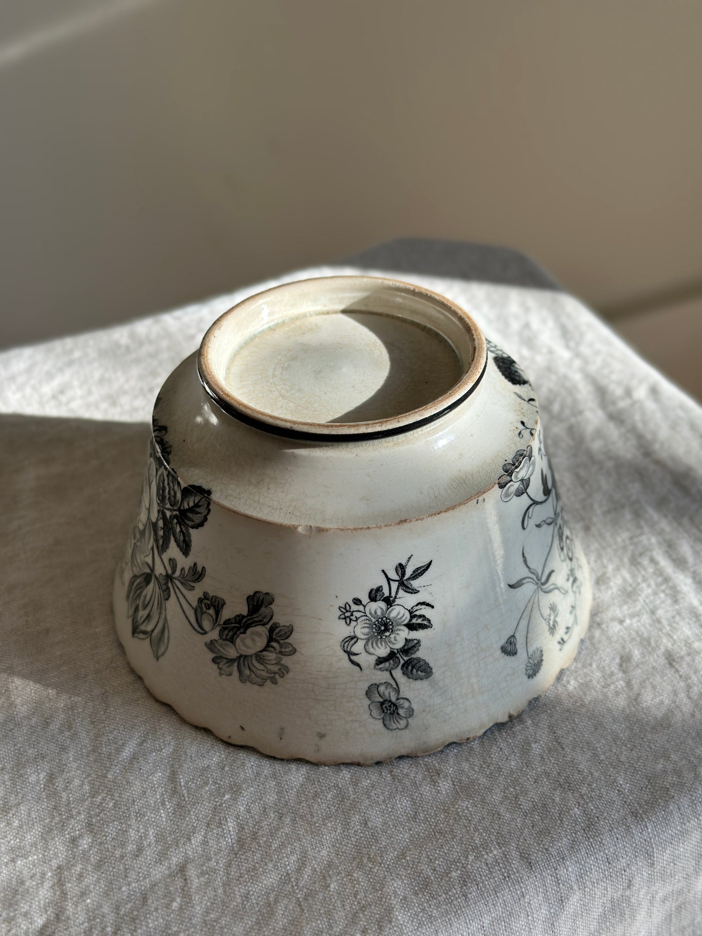 Scalloped Ironstone Bowl w/ Black Floral Transferware