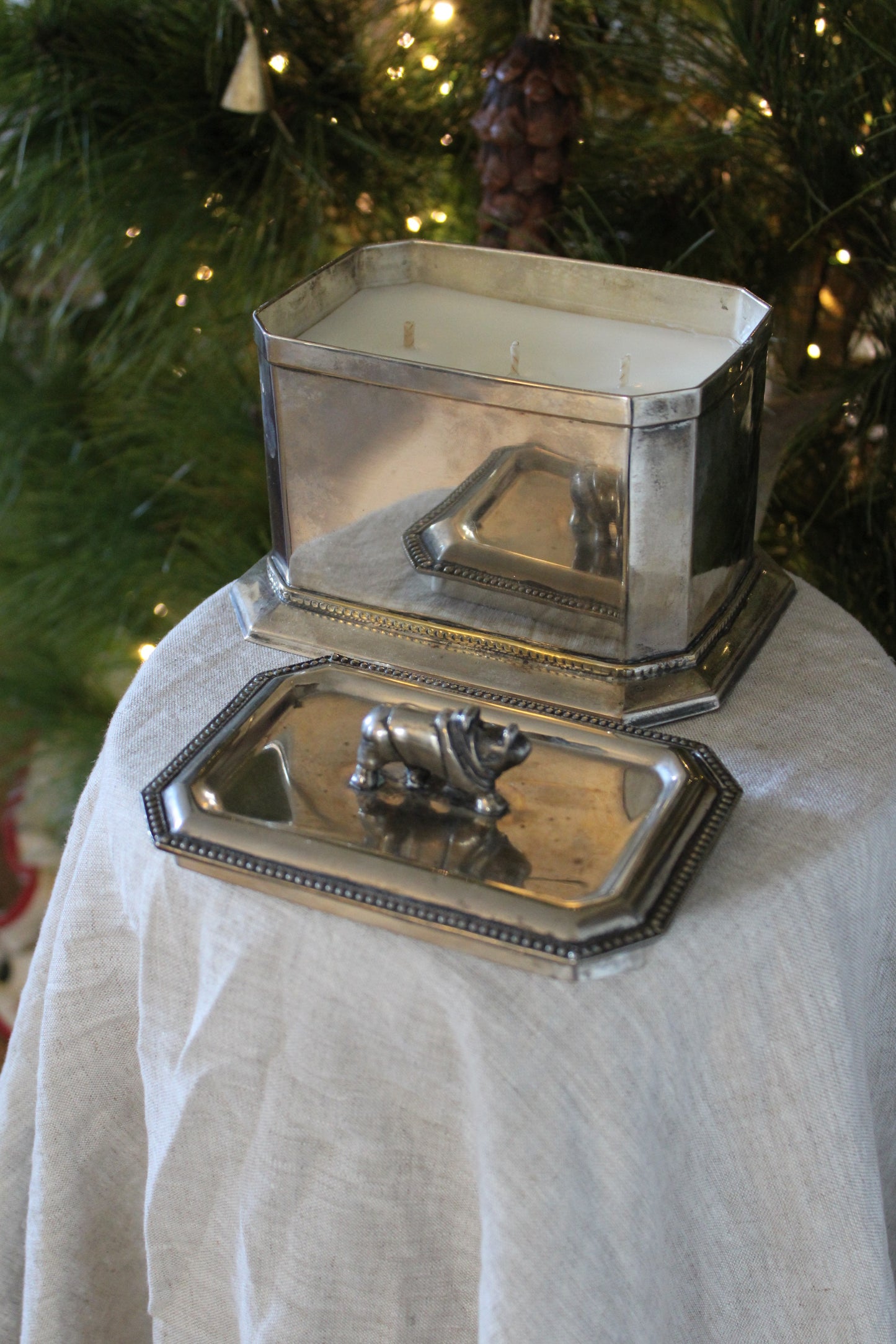Vintage Silver Plate Tea Caddy Box w/ Rhino Finial