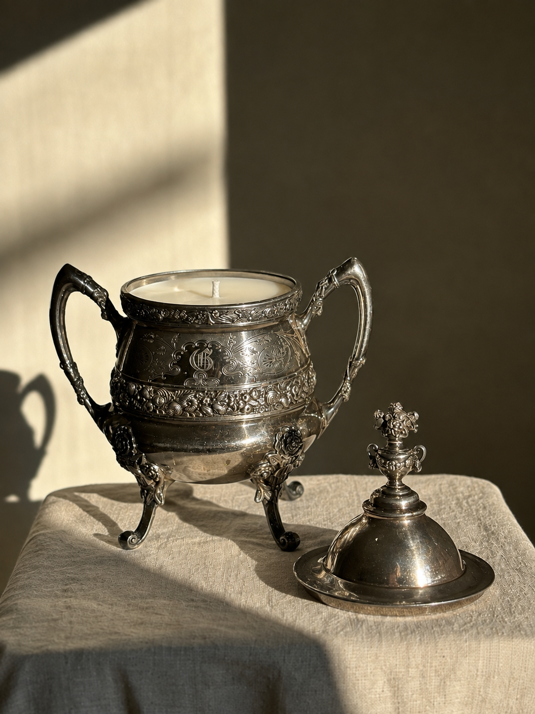 32 oz Silver Plate Reed & Barton Lidded Waste Bowl, Monogram "G"