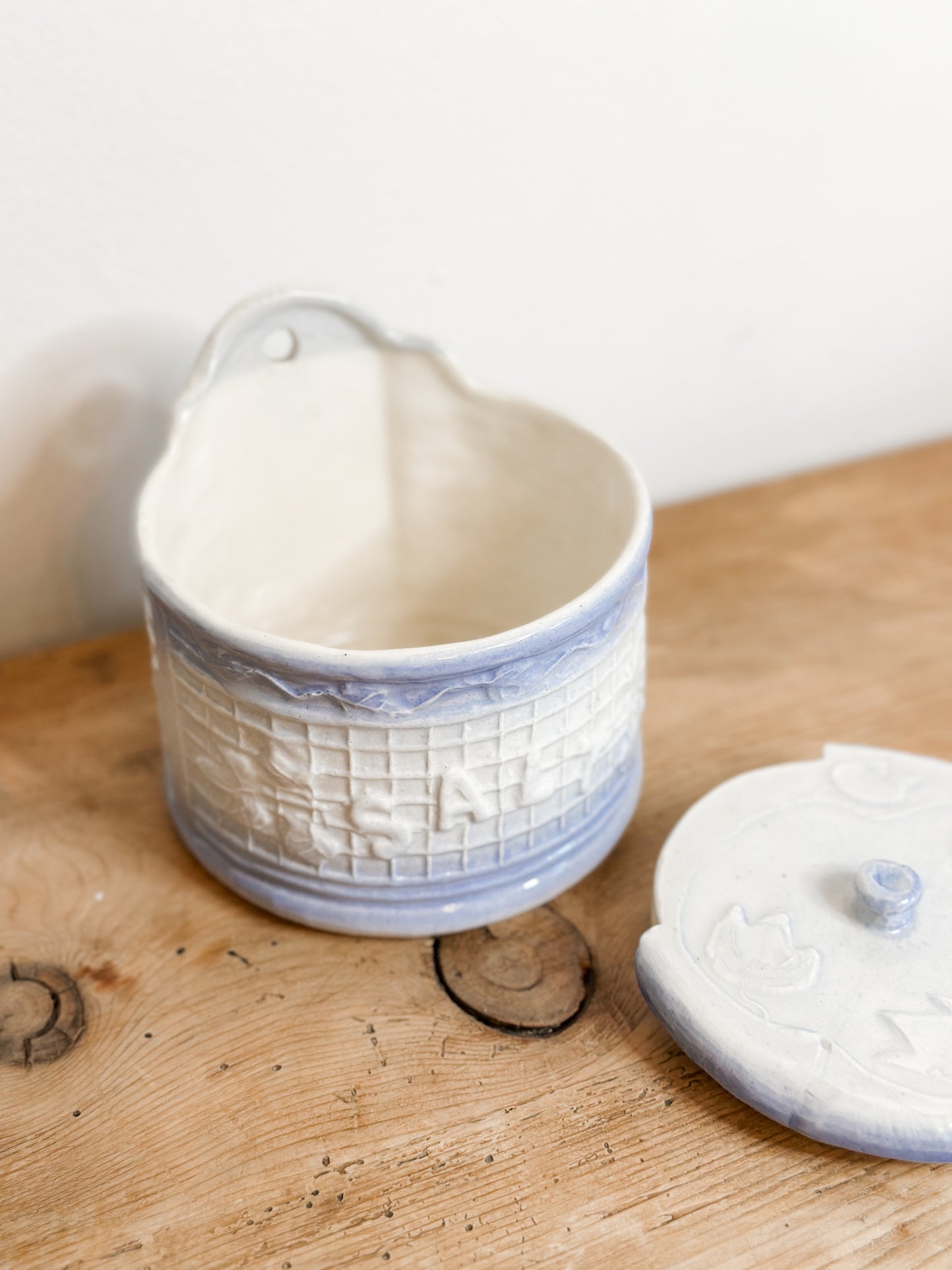 Blue and White Stoneware Salt Crock