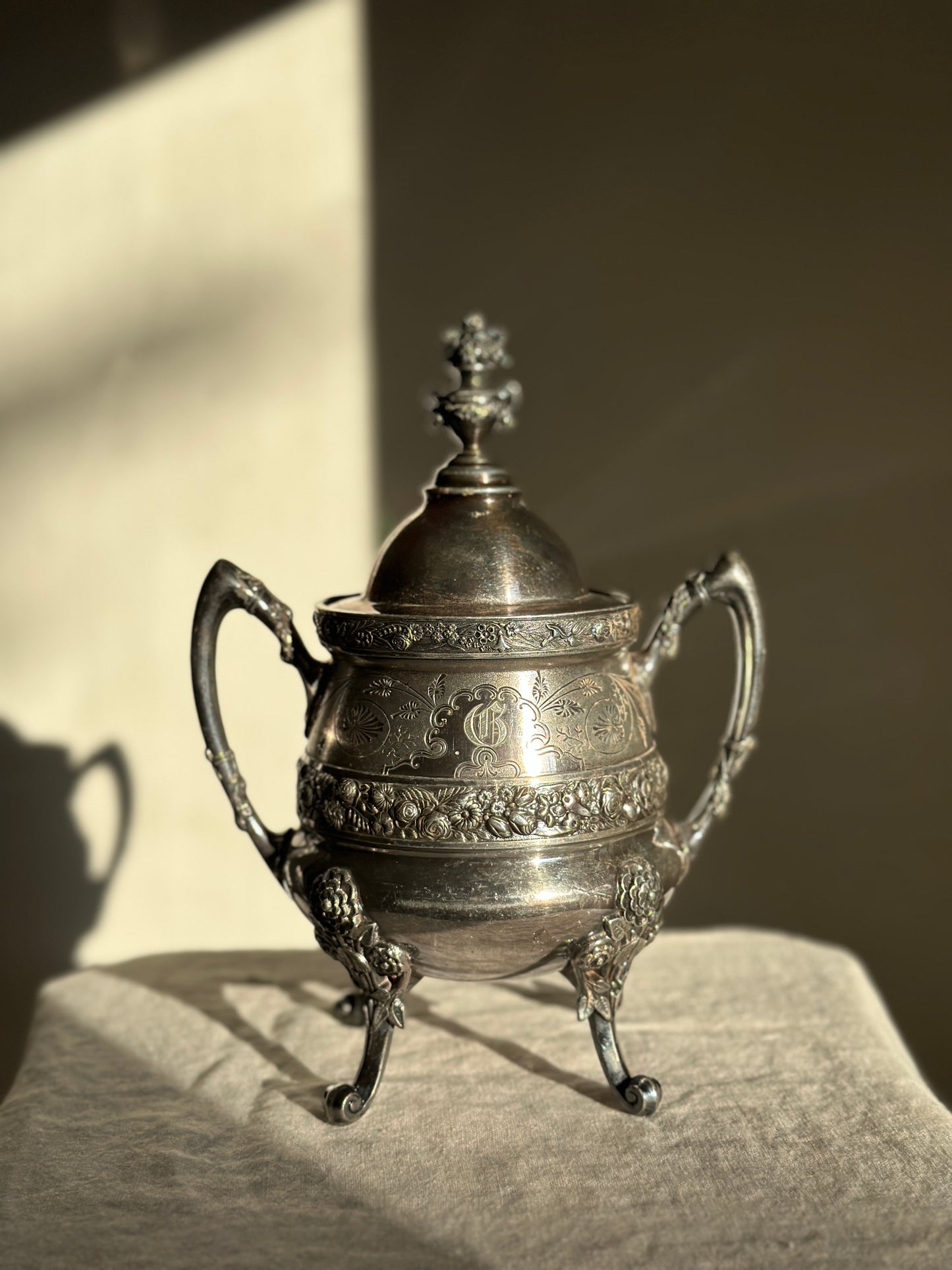 32 oz Silver Plate Reed & Barton Lidded Waste Bowl, Monogram "G"
