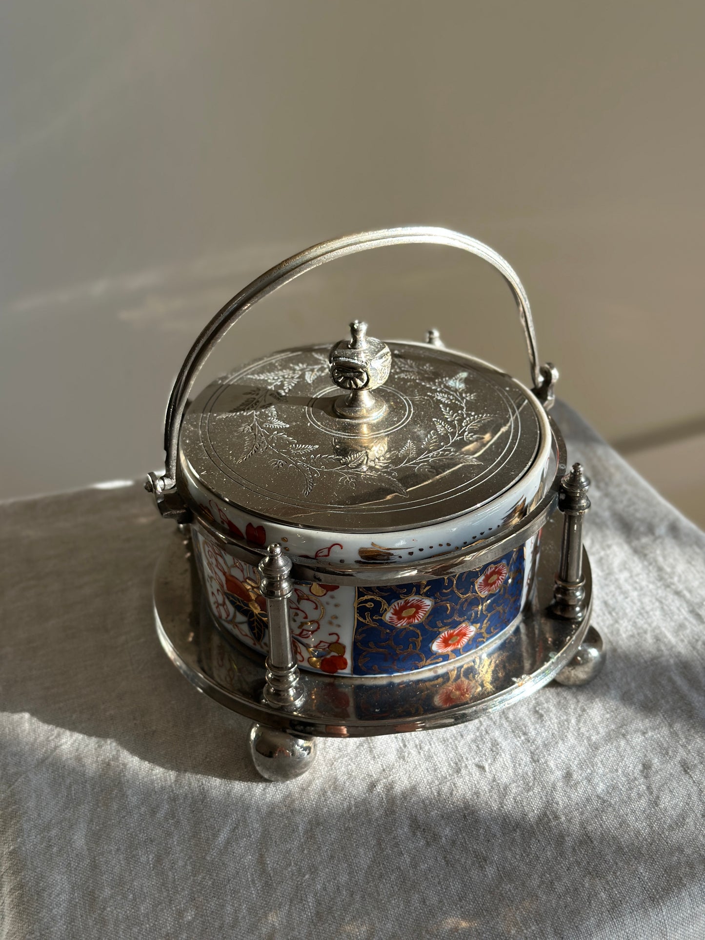 Imari Style Butter Dish w/ Silver Plate Cage and Ball Feet