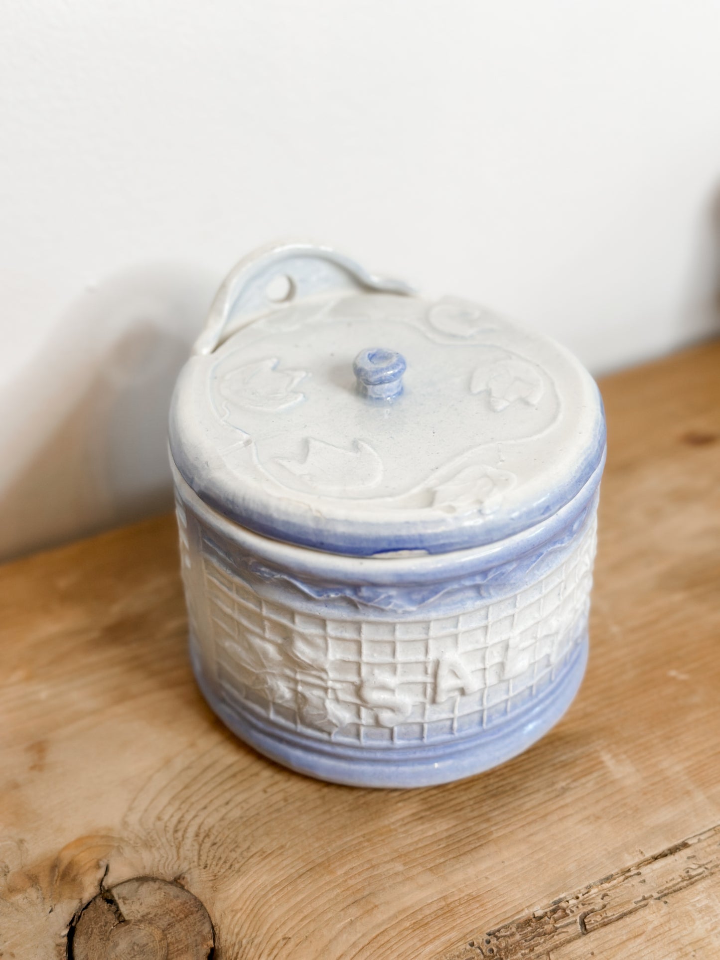 Blue and White Stoneware Salt Crock