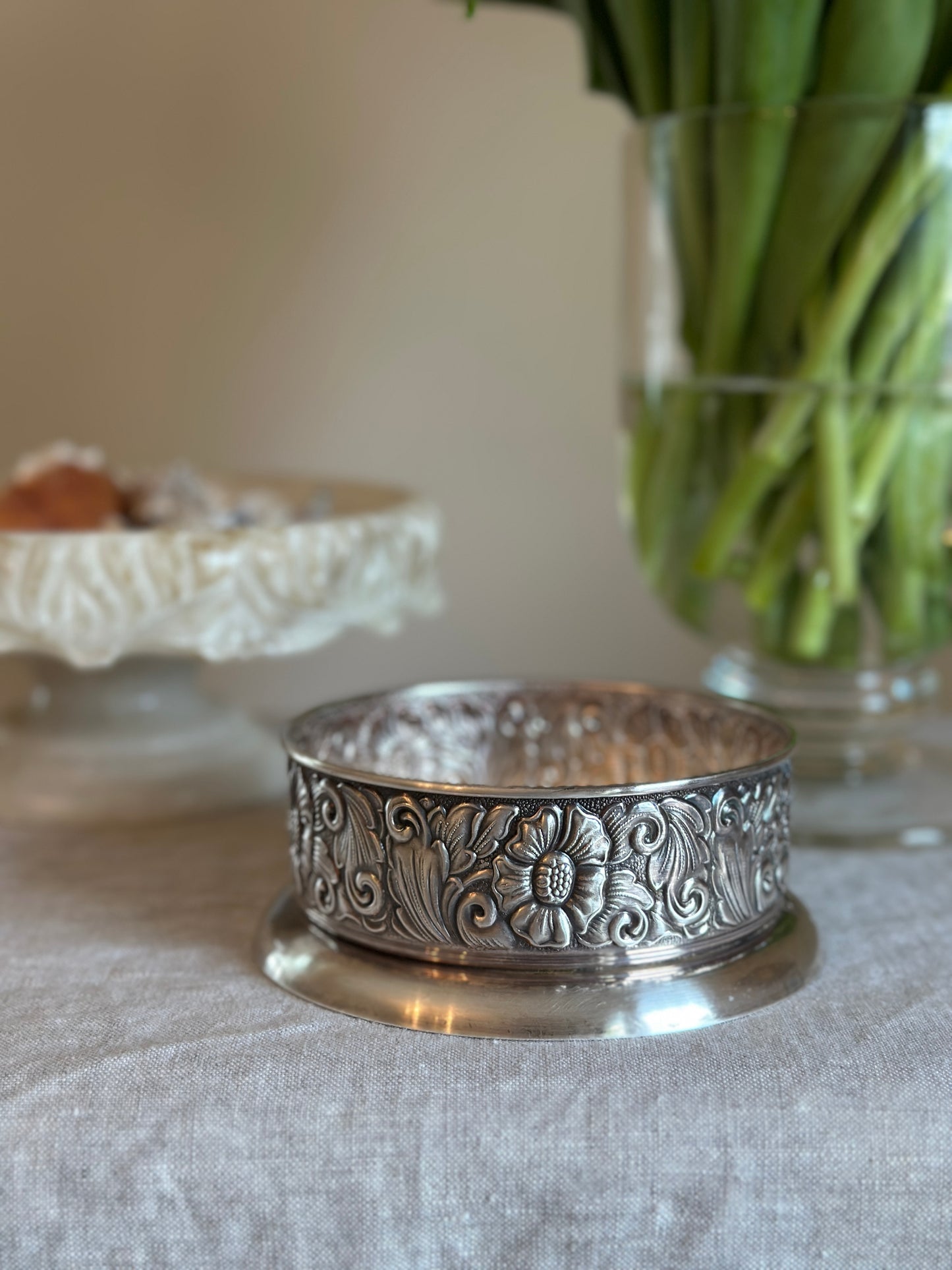 Silver Plate Wine Coaster with Floral Embossing, Denmark (16 oz)