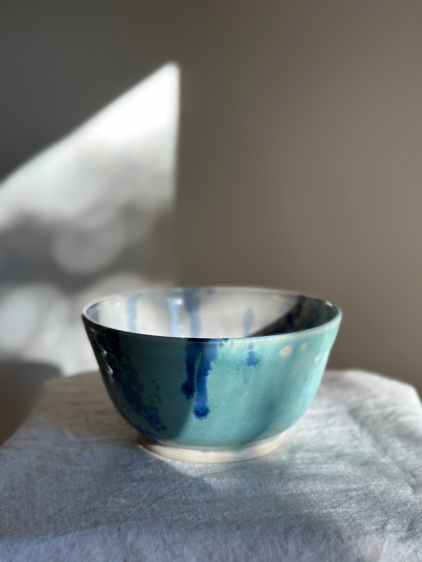 36 oz Hand Thrown Pottery Bowl w/ Blue Drip Glaze