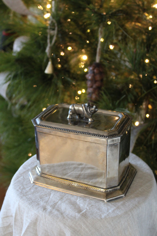 Vintage Silver Plate Tea Caddy Box w/ Rhino Finial