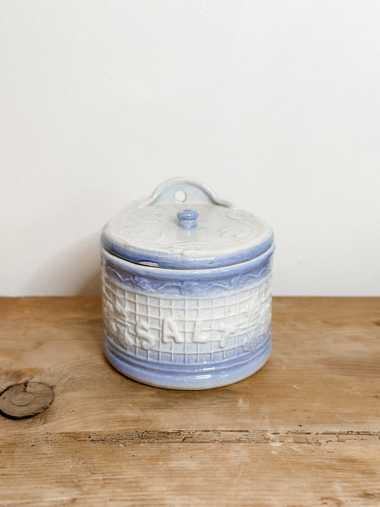Blue and White Stoneware Salt Crock