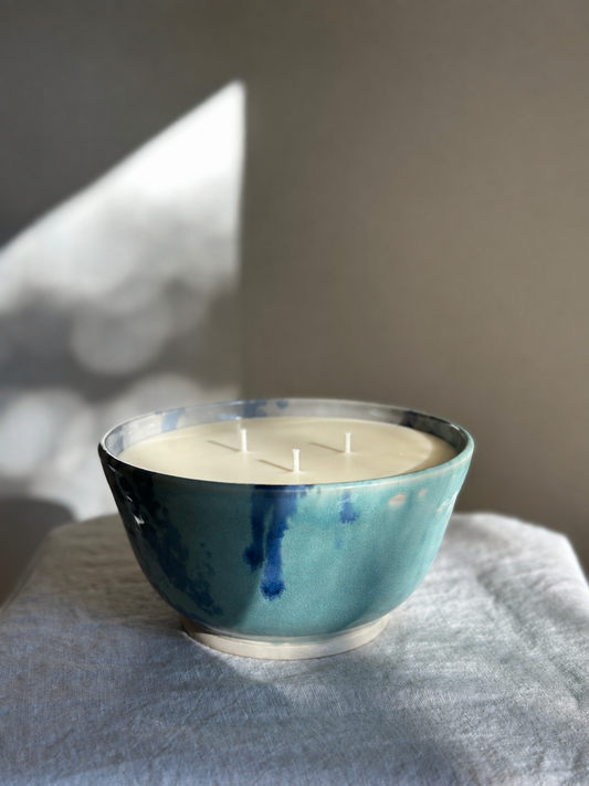 36 oz Hand Thrown Pottery Bowl w/ Blue Drip Glaze