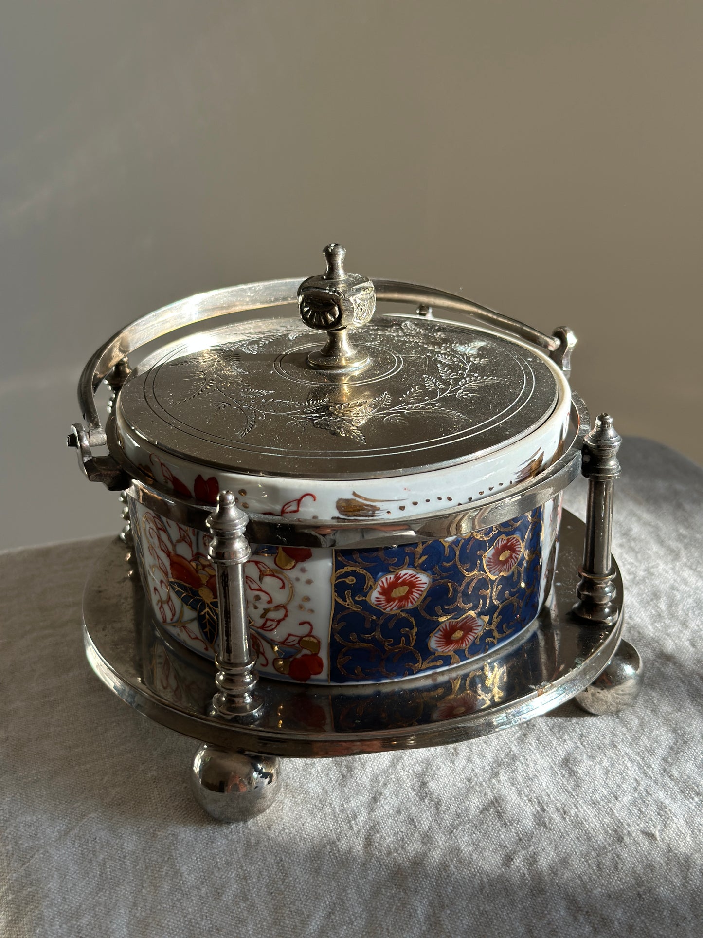 Imari Style Butter Dish w/ Silver Plate Cage and Ball Feet