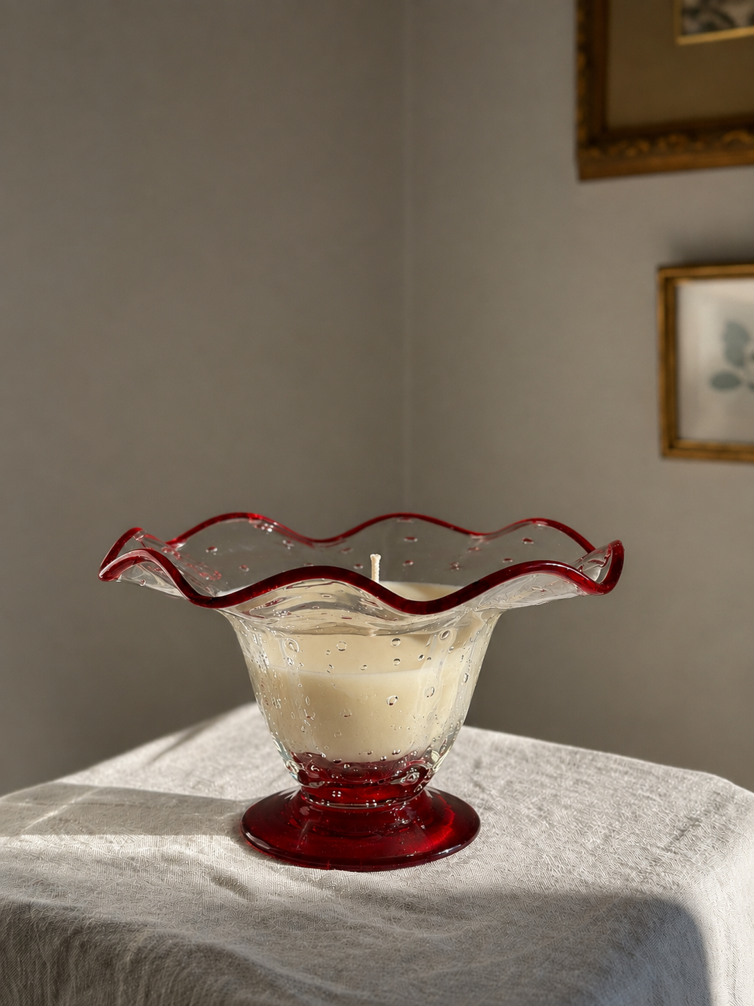 16 oz Red and Clear Glass Ruffle Pedestal w/ Bubble Detail