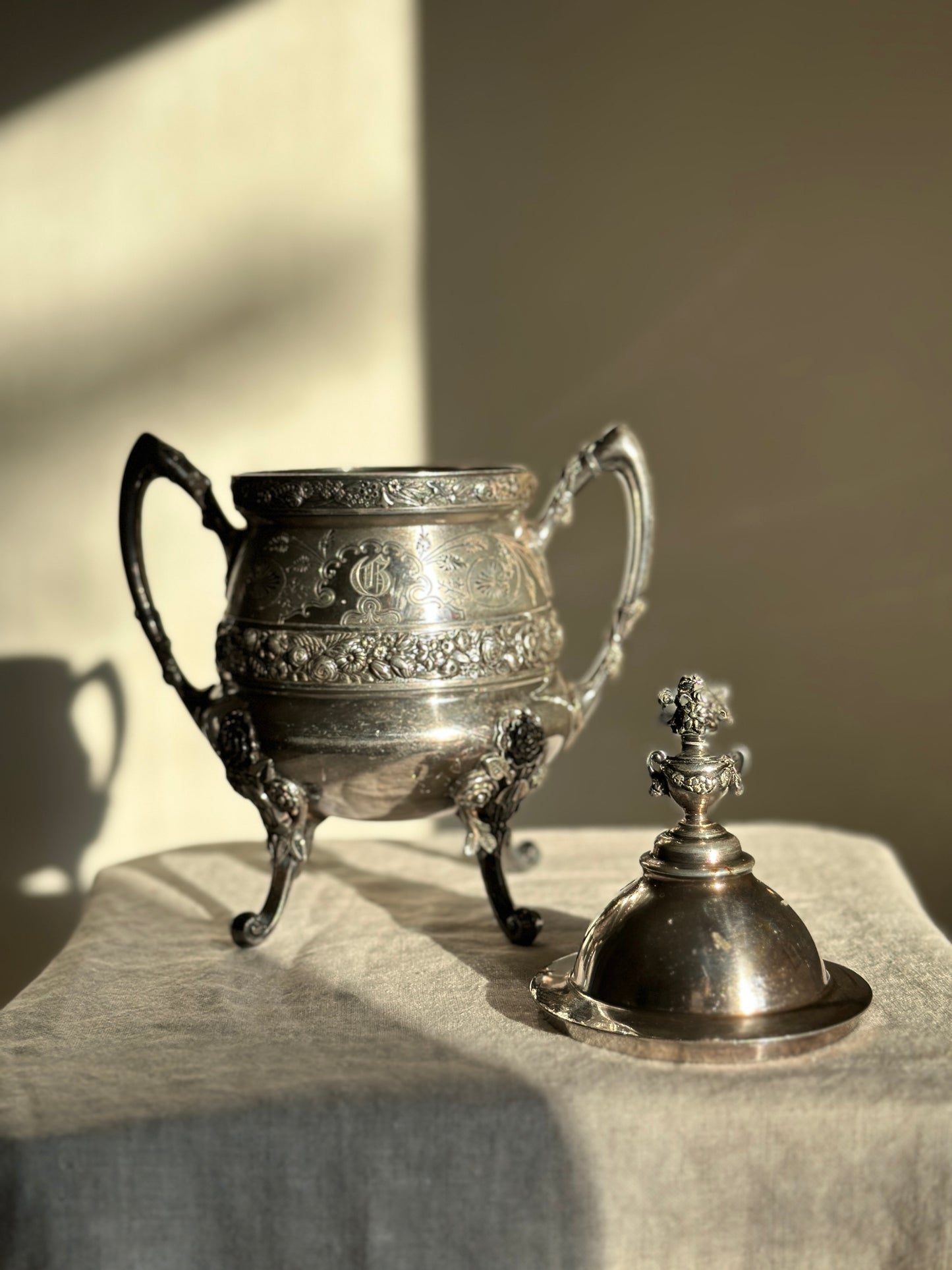 32 oz Silver Plate Reed & Barton Lidded Waste Bowl, Monogram "G"