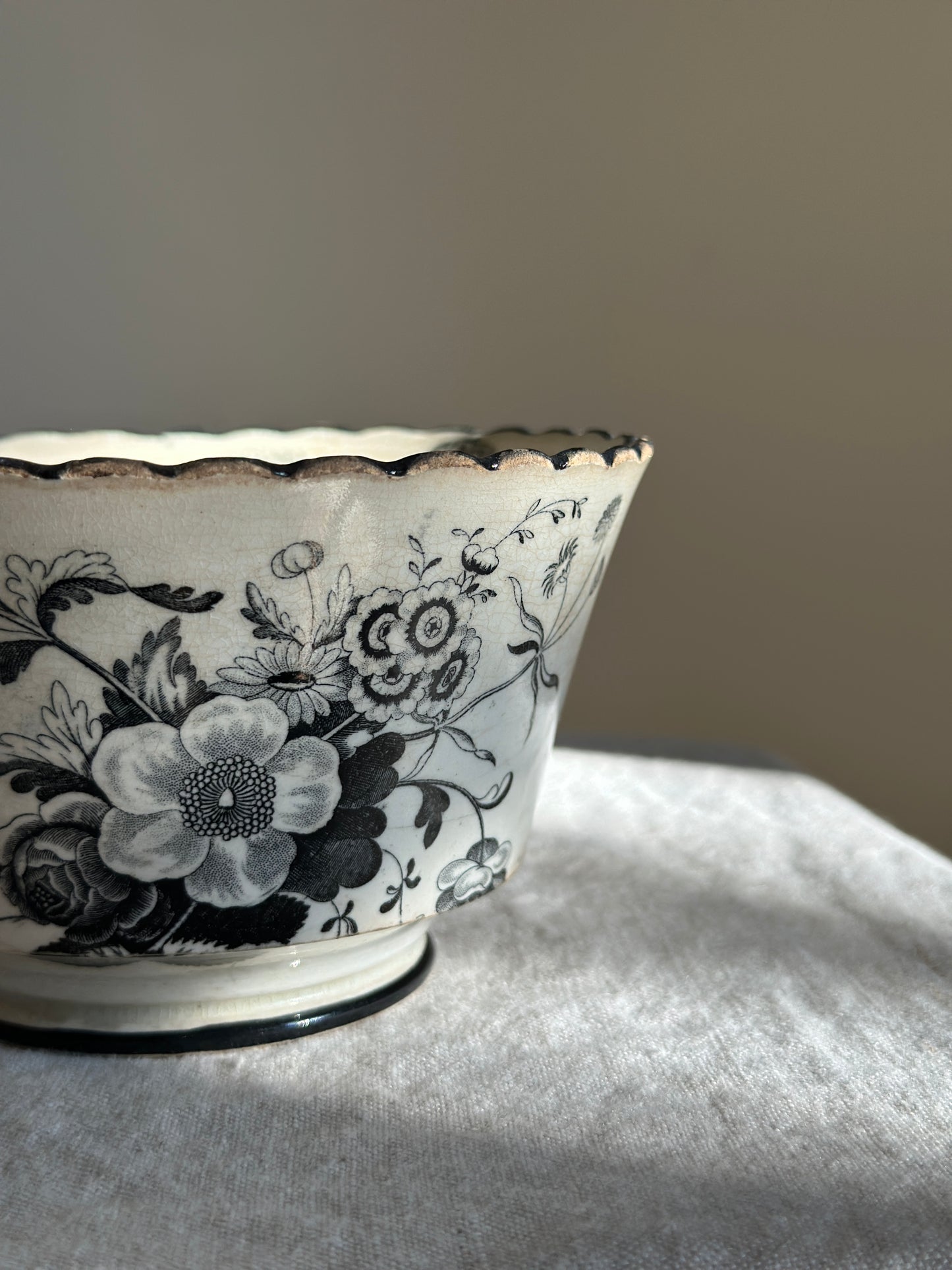 Scalloped Ironstone Bowl w/ Black Floral Transferware