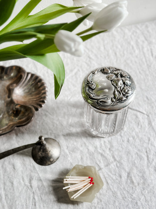 20 oz Glass and Silver Plate Art Nouveau Lid Floral Motif