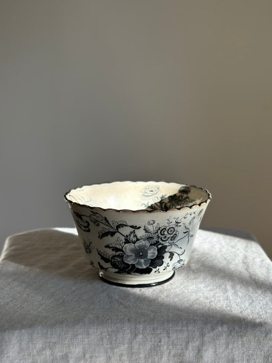 Scalloped Ironstone Bowl w/ Black Floral Transferware