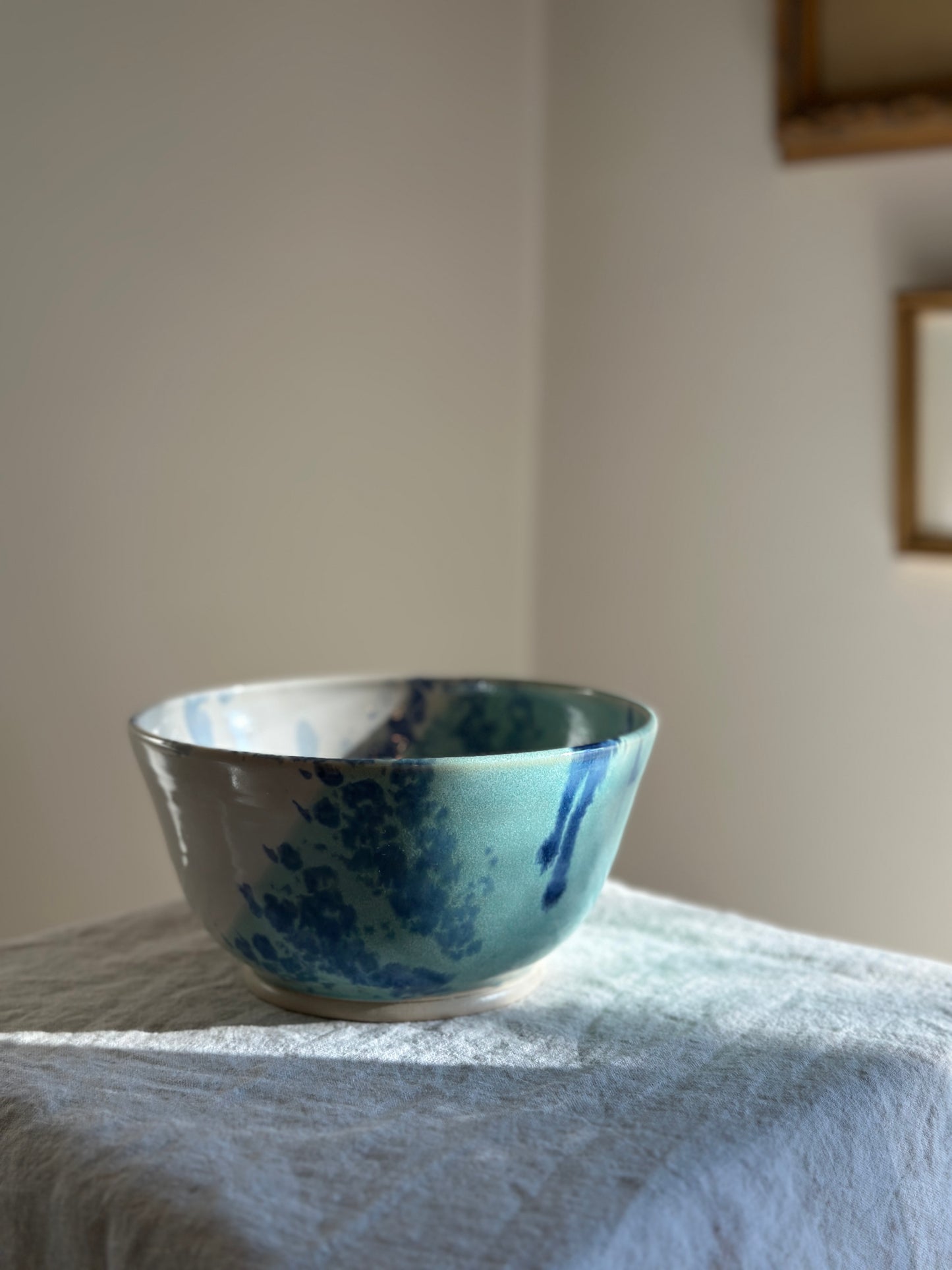 36 oz Hand Thrown Pottery Bowl w/ Blue Drip Glaze
