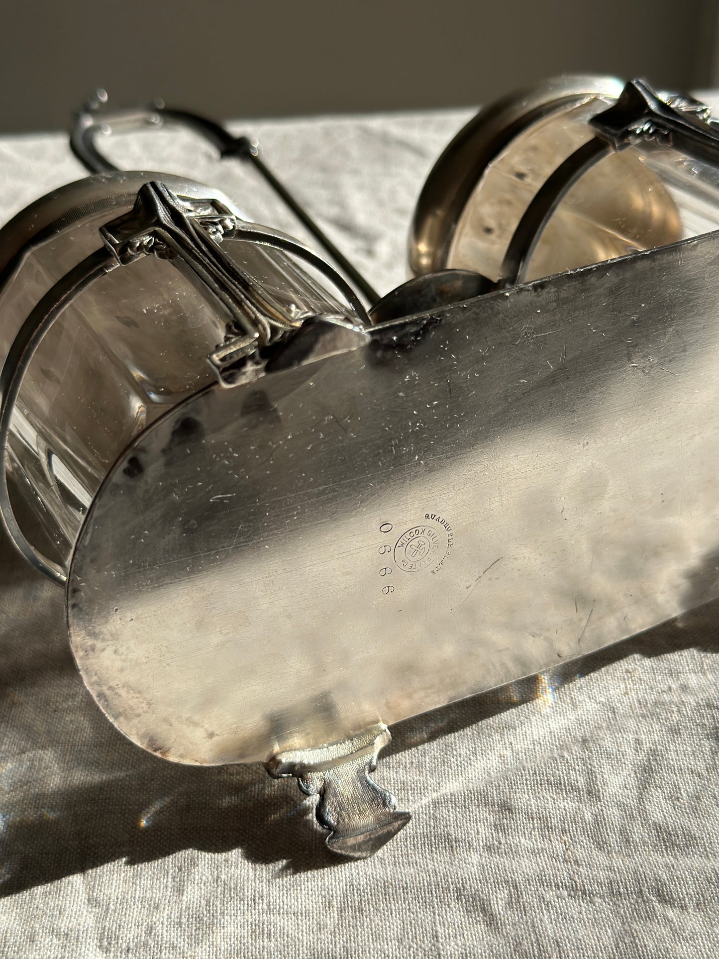 Silver Plate & Glass Double Jam & Condiment Caddy (Wilcox)