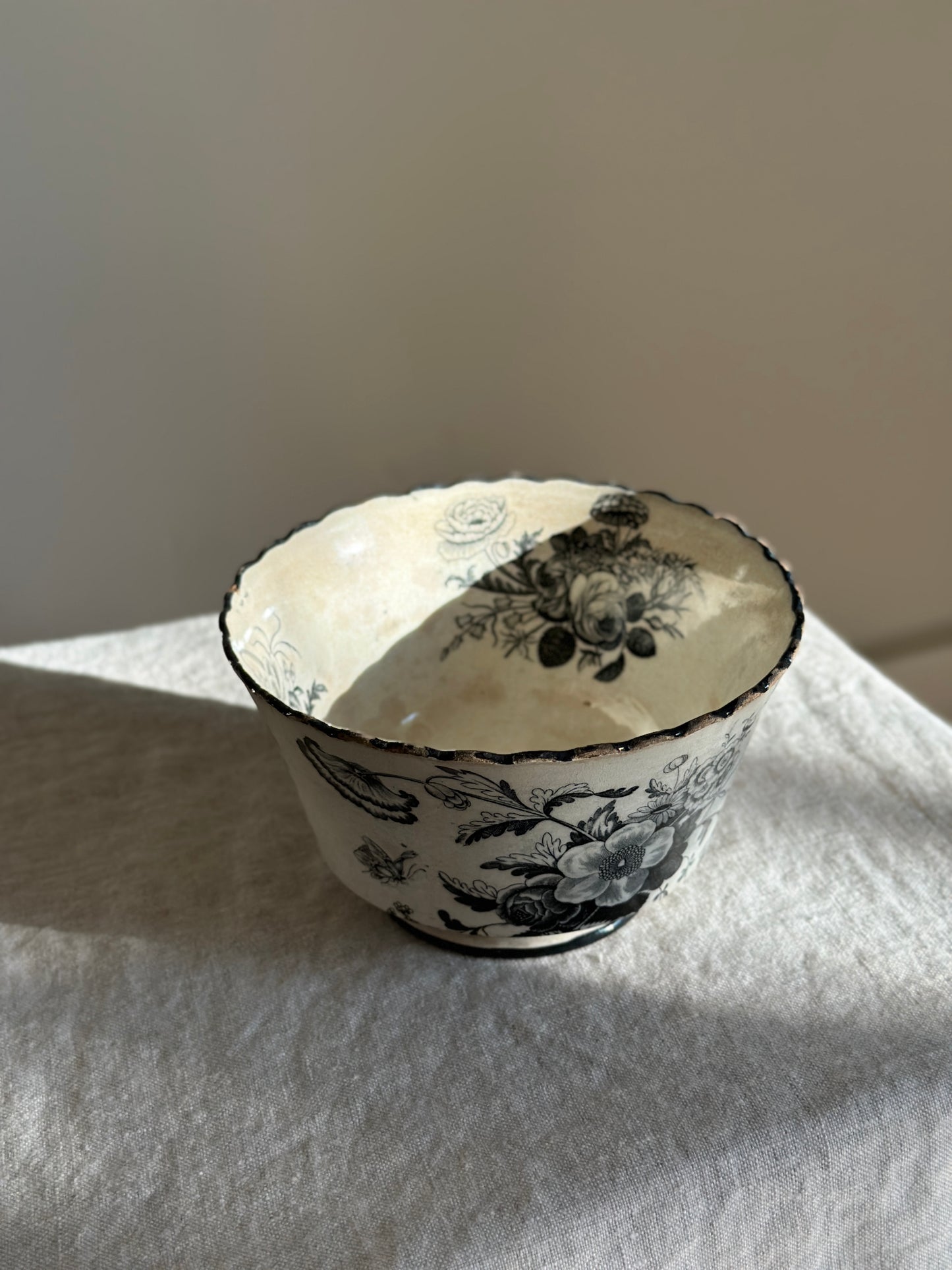 Scalloped Ironstone Bowl w/ Black Floral Transferware