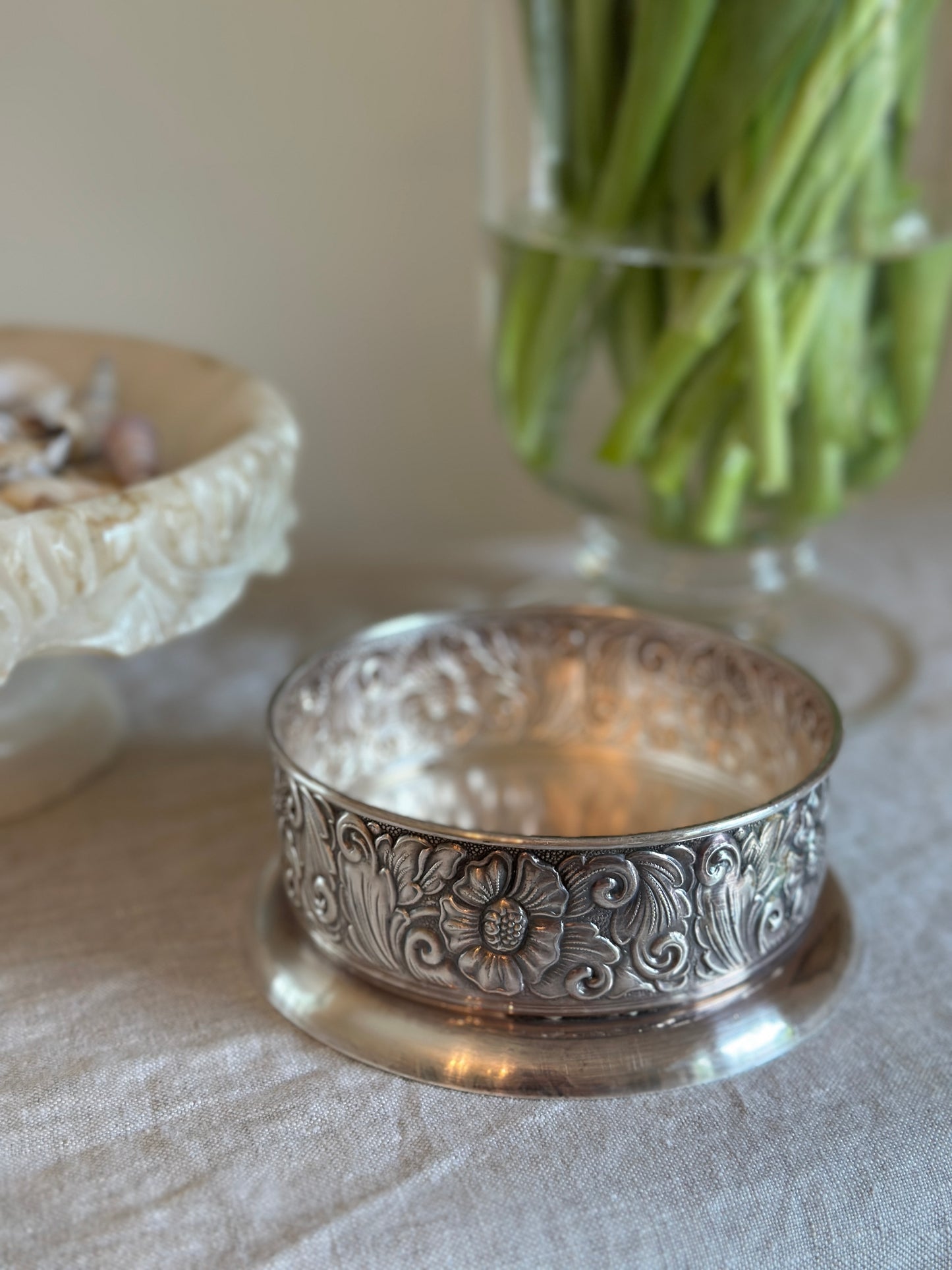 Silver Plate Wine Coaster with Floral Embossing, Denmark (16 oz)