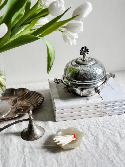 14 oz Patinaed Silver Plate Butter Dish, Belmont Silver Plate Co.