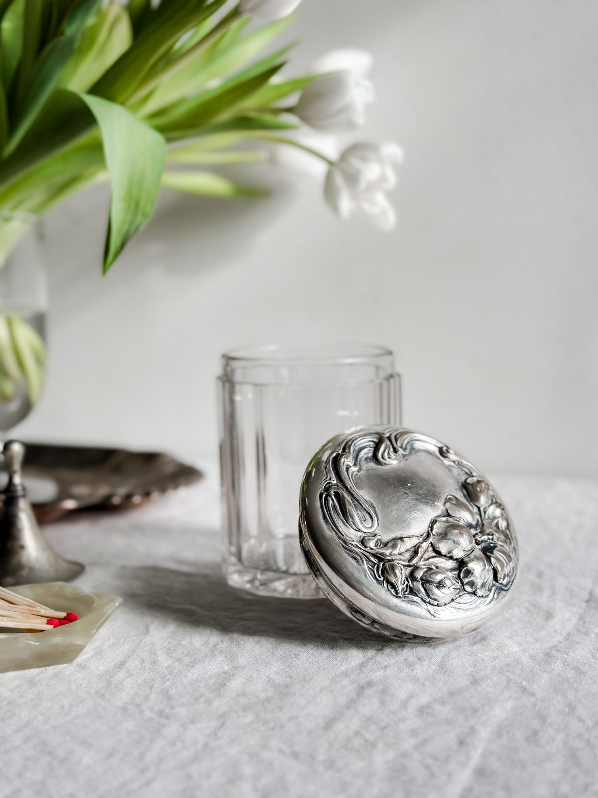 20 oz Glass and Silver Plate Art Nouveau Lid Floral Motif