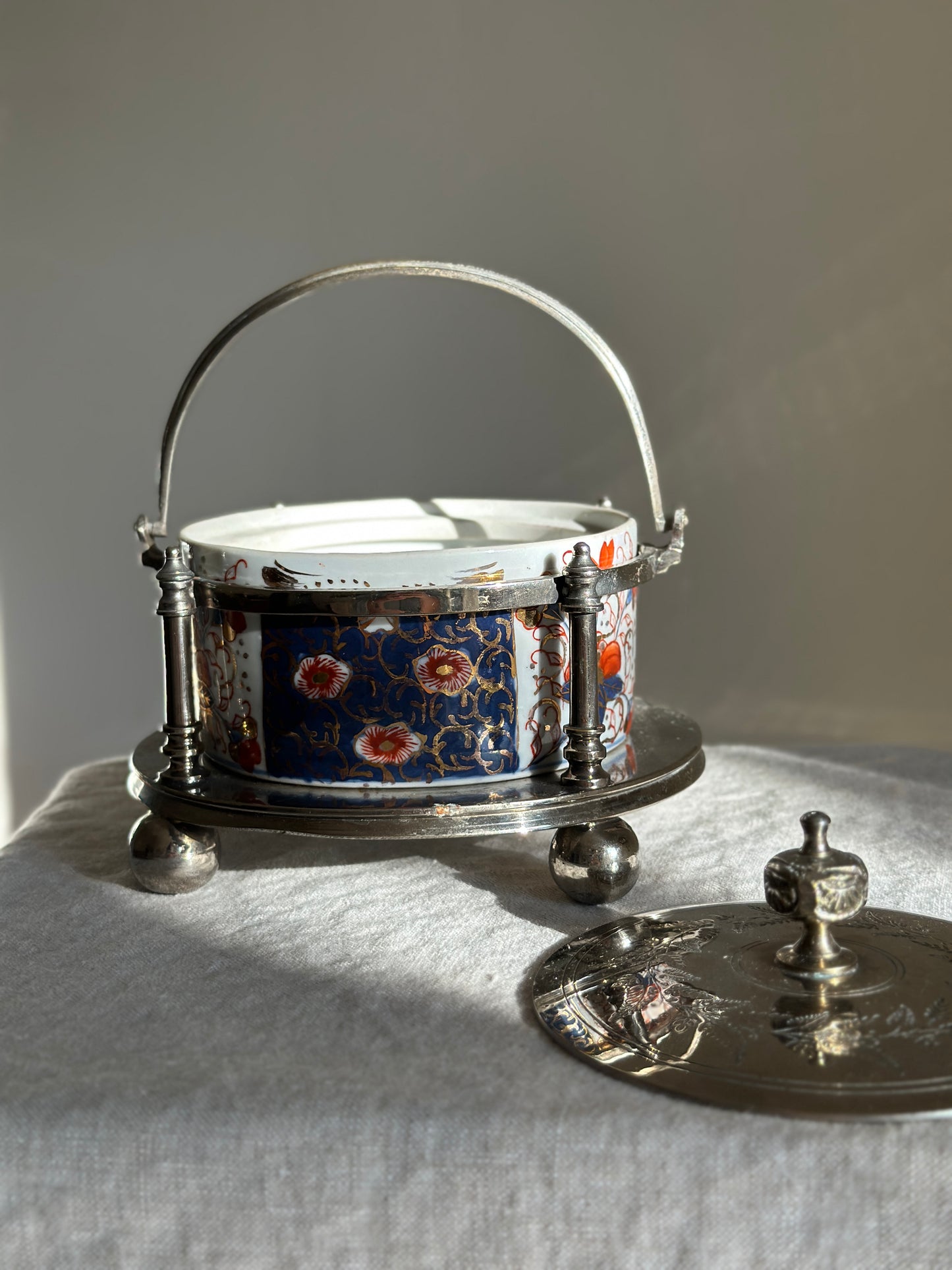 Imari Style Butter Dish w/ Silver Plate Cage and Ball Feet