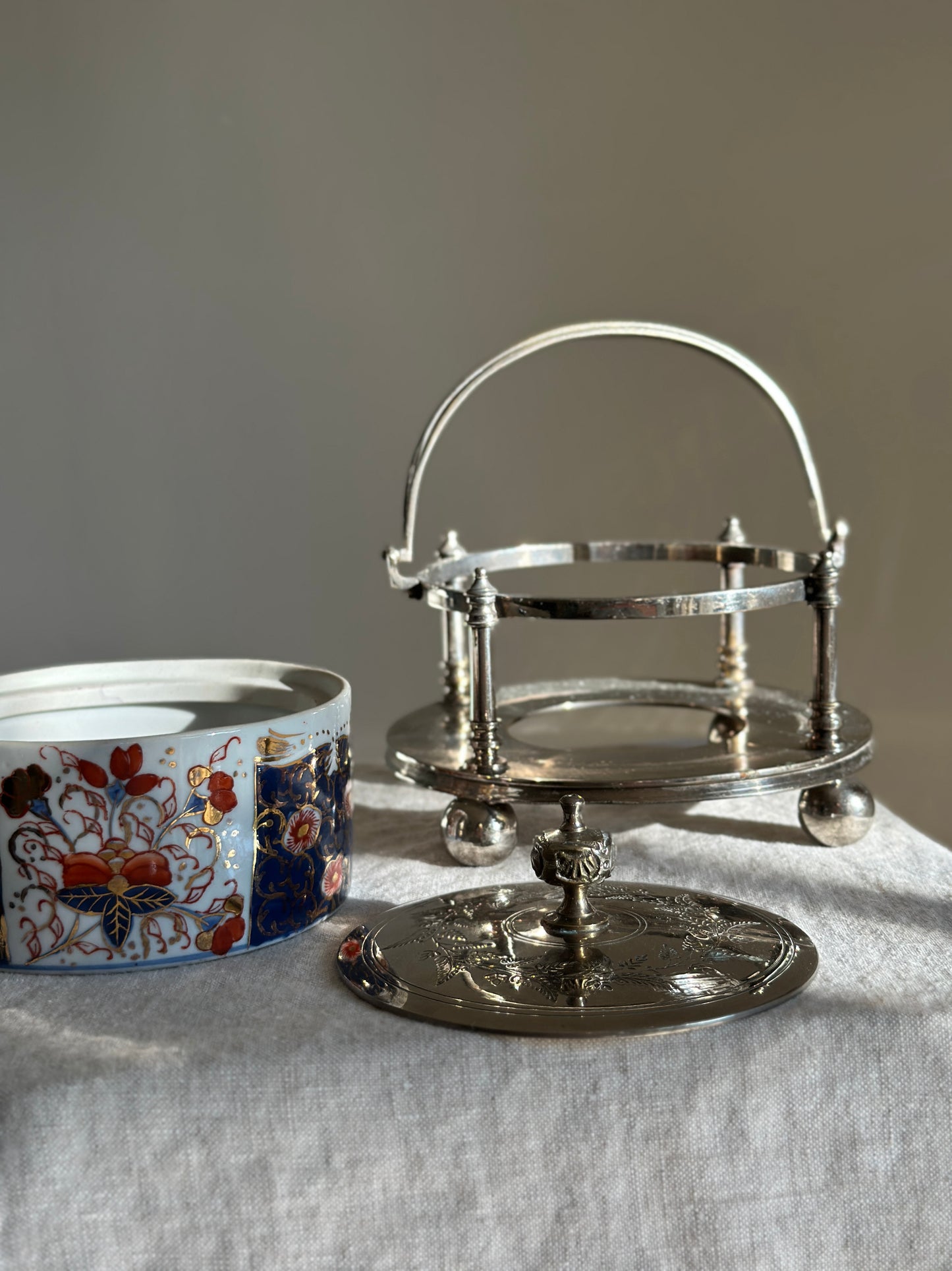Imari Style Butter Dish w/ Silver Plate Cage and Ball Feet