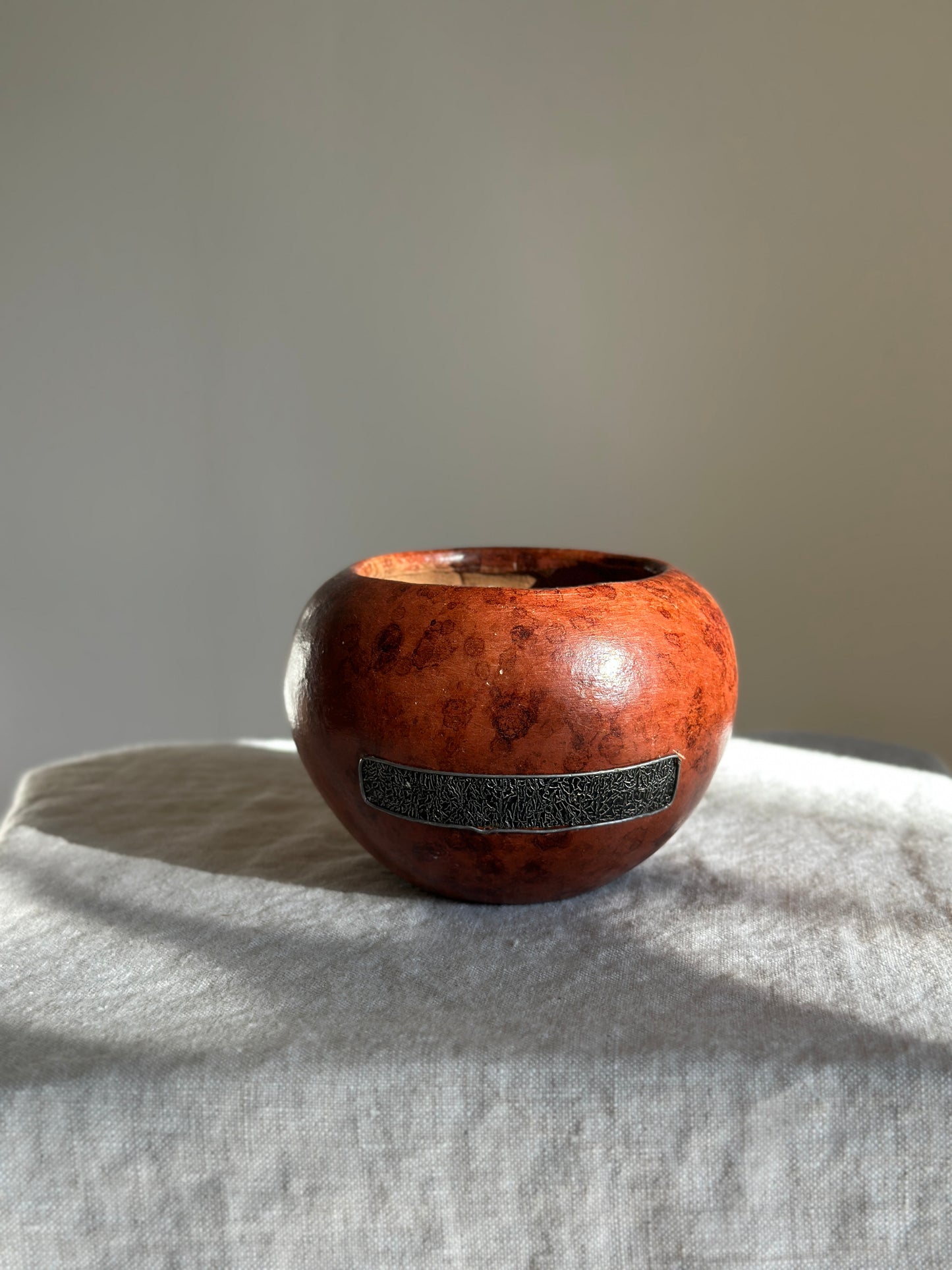 Burl Wood Carved Bowl w/ Metal Detail