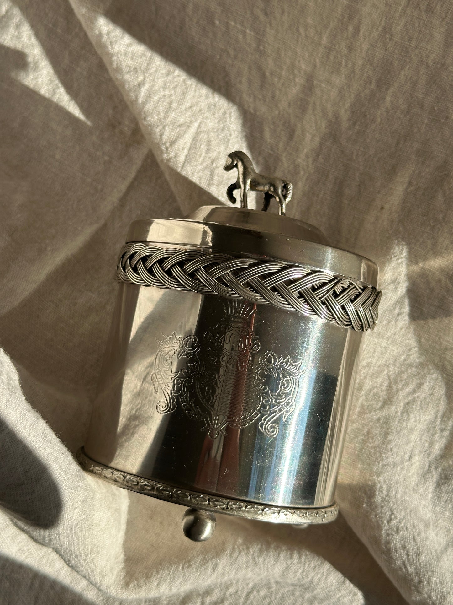 24 oz Silver Plate Horse Canister w/ Braided Detail (Small)