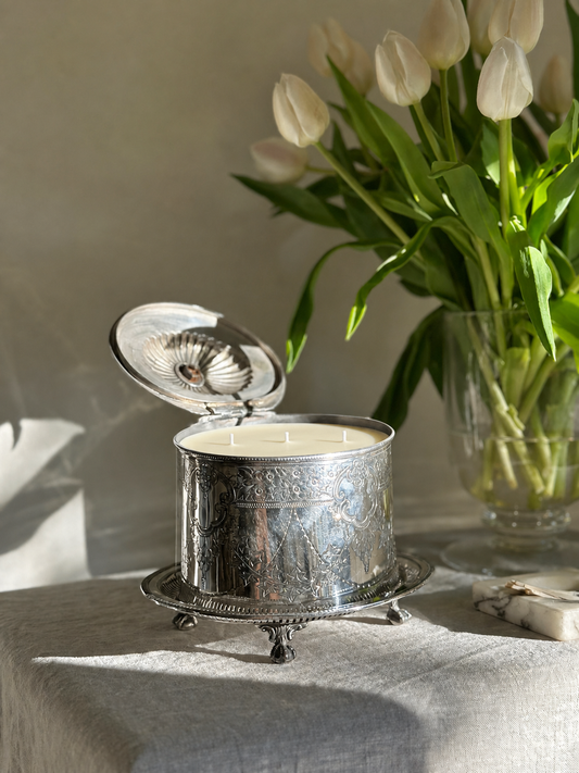 Hinged Etched Silver Plate Tea Caddy w/ Bone Finial (36 oz)